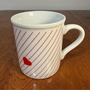 White Ceramic Mug with Diagonal Red Stripes and Red Heart Accent